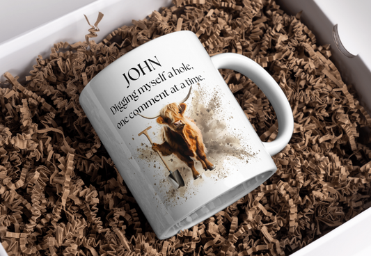 Personalised Highland Cow "Digging myself a hole" Gift Set!