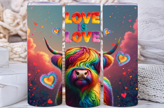 "Love is Love" highland cow rainbow tumbler for hot and cold drinks